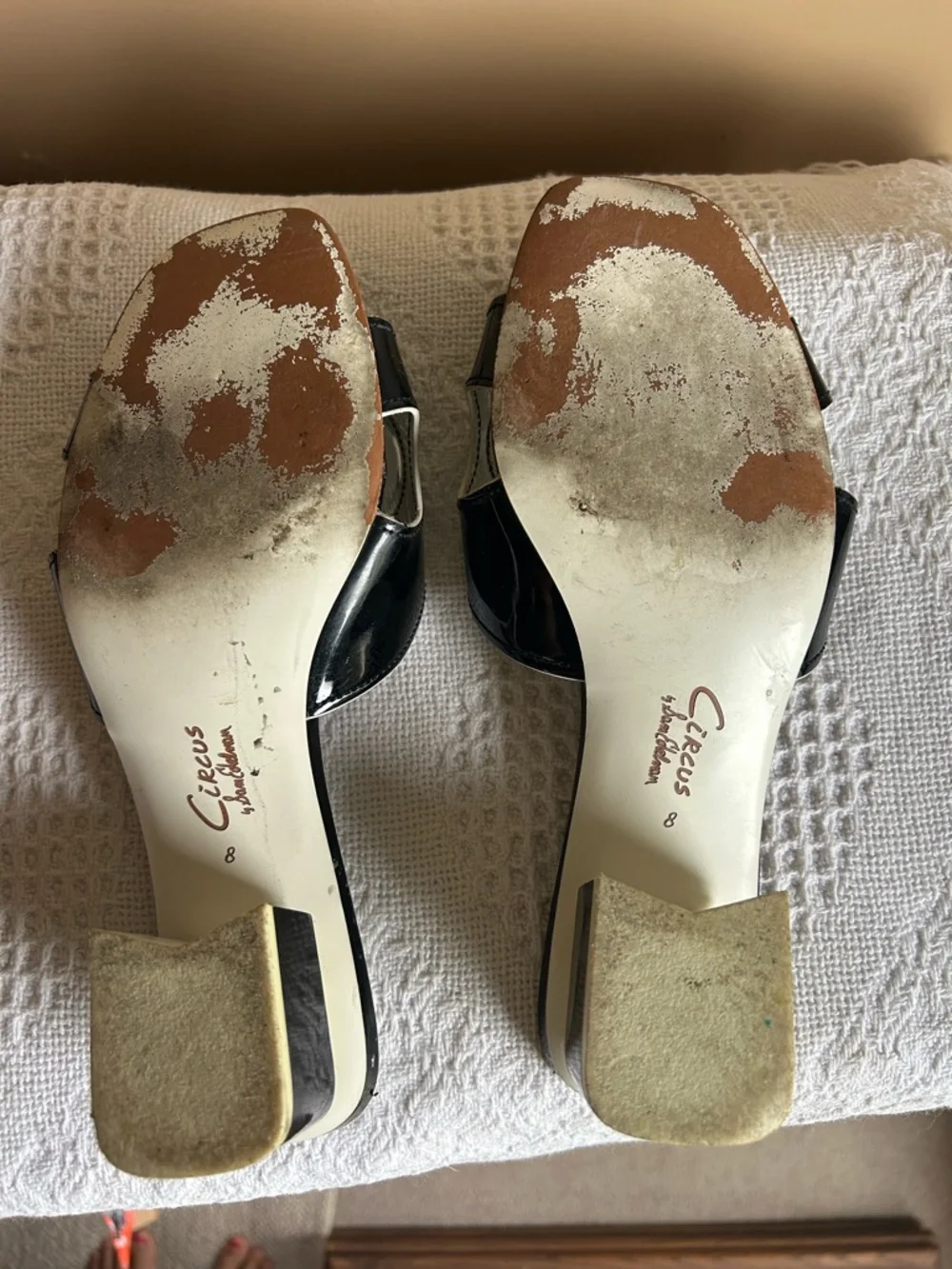 Black Patent Slide Mules with Ivory Accent Heel - Picture 9 of 11